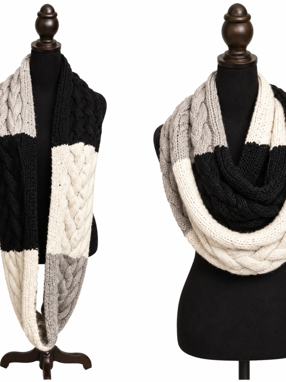 Chunky Cable Knit Colorblock Infinity Scarf – Black Cream Gray